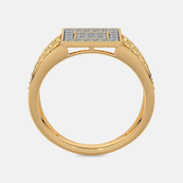 Gold ring from above with square diamond panel and prong-set stones.