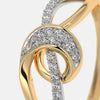 Gold ring top view with halo of pavé diamonds and a vertical row of stones