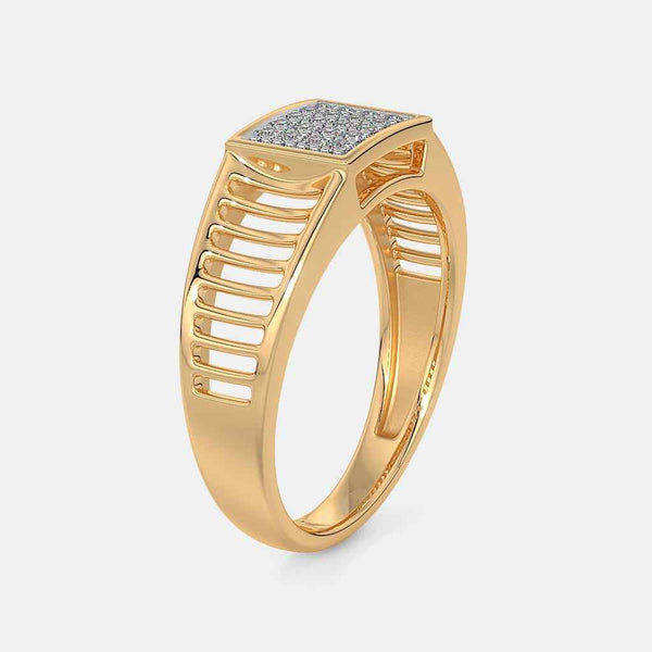 Gold ring with square diamond top and ridged band side openings