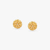 Gold petal-layer stud earrings with small blue center stones, pair