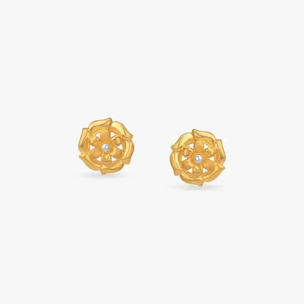 Gold petal-layer stud earrings with small blue center stones, pair