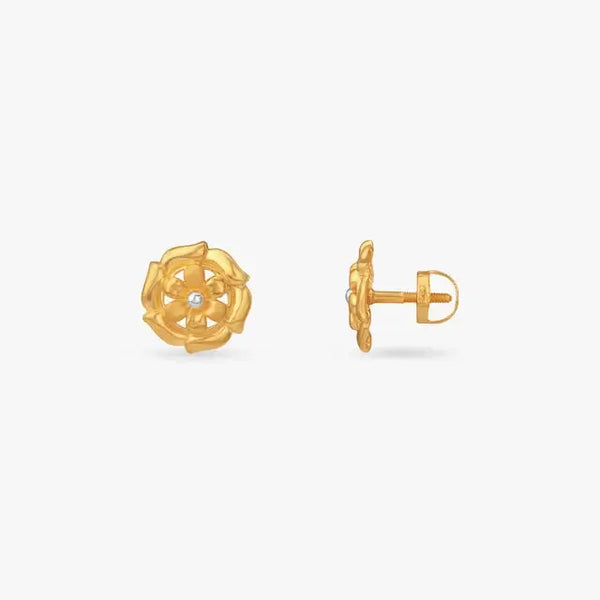Gold petal-layer stud earrings, side view showing post and back clasp