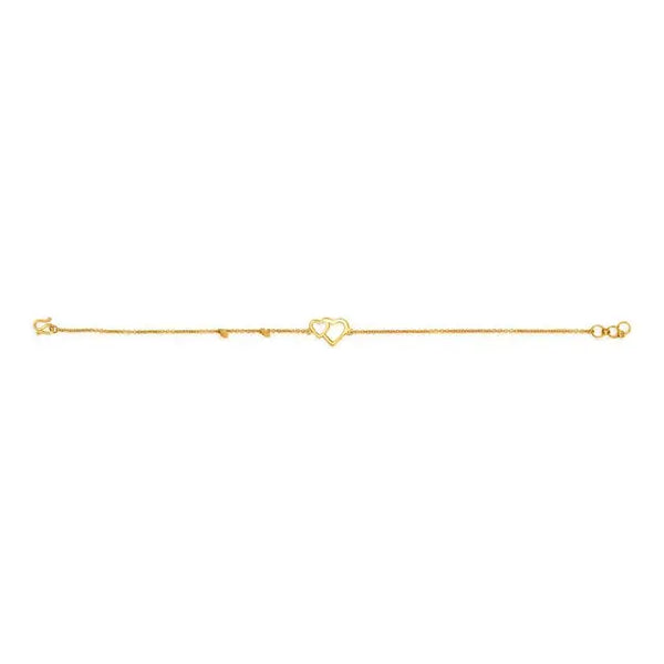 Gold heart bracelet with small heart charm and long chain bar profile