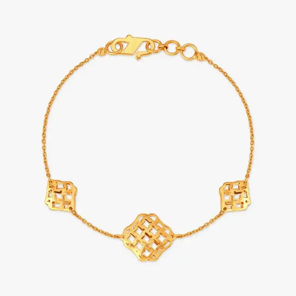 Gold-tone geometric bracelet with square links and central lattice motif
