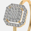 Gold diamond ring close-up: large cushion center with halo stones