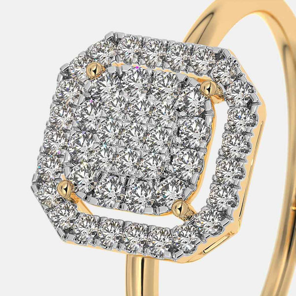 Gold diamond ring close-up: large cushion center with halo stones