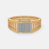 Gold wide band ring with square diamond panel and ribbed side grooves
