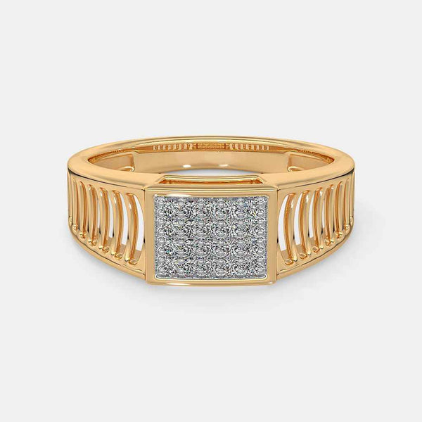 Gold wide band ring with square diamond panel and ribbed side grooves