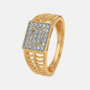 Gold ring with square frame of pavé diamonds and ornate split-shank sides.