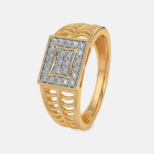 Gold ring with square frame of pavé diamonds and ornate split-shank sides.