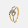 Gold ring with round pavé diamond top and a looping diamond-accented band