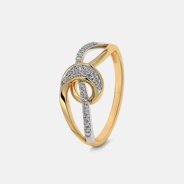 Gold ring with round pavé diamond top and a looping diamond-accented band