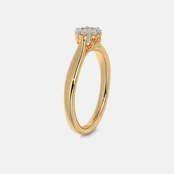 Yellow gold ring with diamond cluster top and slim rounded side profile