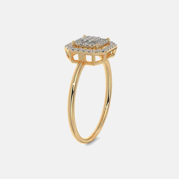 Yellow gold diamond ring with cushion halo and prong-set top