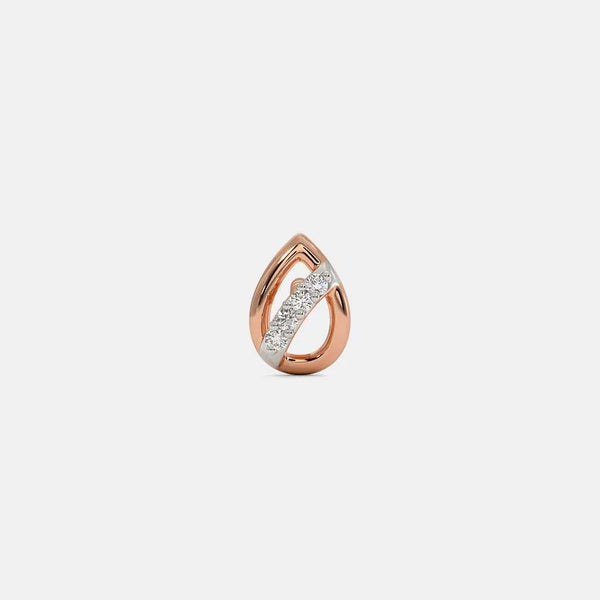 Rose gold teardrop hoop earring with diamond pavé band, angled view