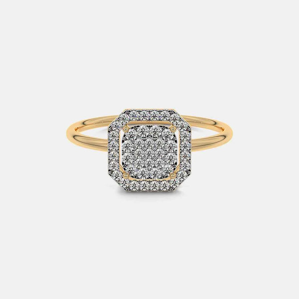 Yellow gold diamond ring with cushion center stone in halo border