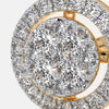 Close-up of round diamond halo stud earring with gold rim and pavé stones