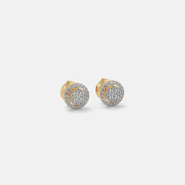 Round diamond halo stud earrings with gold-tone bezel and pavé detail
