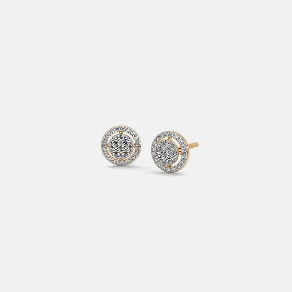Round diamond halo stud earrings with gold-tone and sparkling pavé finish