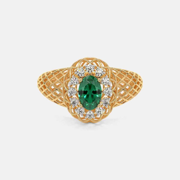 Gold filigree ring with oval green center stone and diamond halo, openwork basket