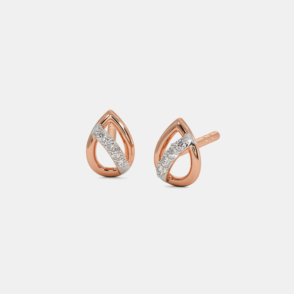 Rose gold teardrop hoop stud earrings with diamond pavé center, front pair view