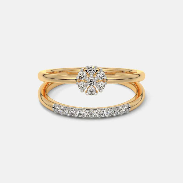 Gold ring with diamond cluster and pavé band, double-row style