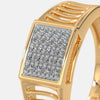 Gold ring with square pave diamond center and decorative channel ridges