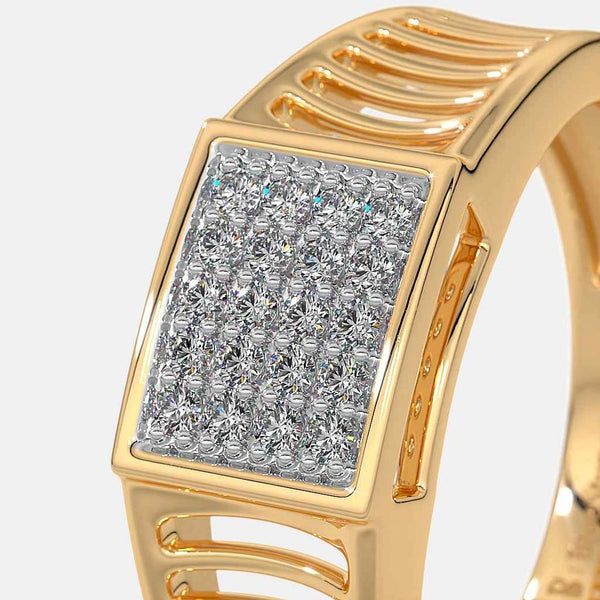 Gold ring with square pave diamond center and decorative channel ridges