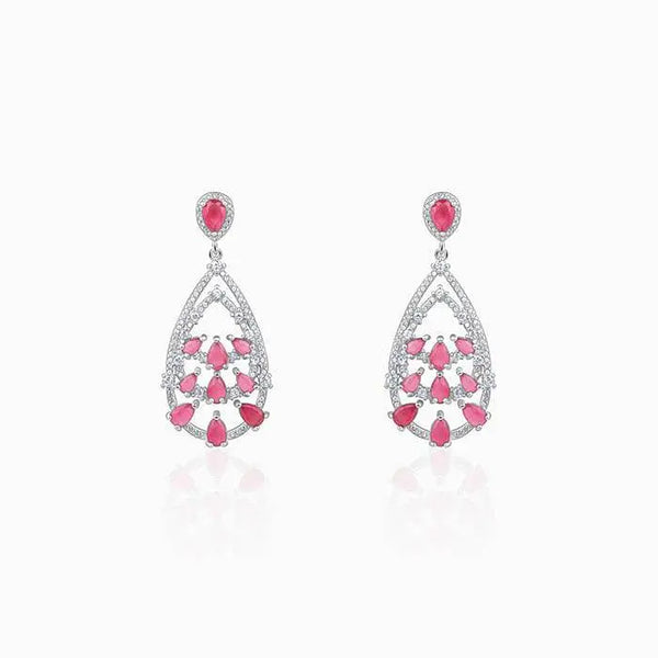 Silver drop earrings pair with pink teardrop stone design and crystal halo tops
