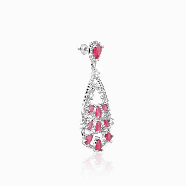 Single silver drop earring with pink teardrop stones in cascading fan pattern