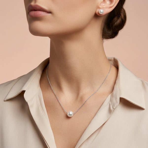 Silver Pearl Stud Earrings with Matching Pearl Pendant Necklace - Aggarwal jewels