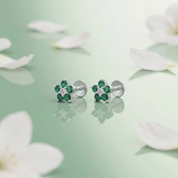 Flower Design Green Stone Silver Earrings - Aggarwal jewels