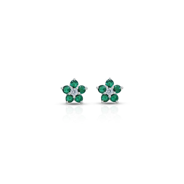 Flower Design Green Stone Silver Earrings - Aggarwal jewels