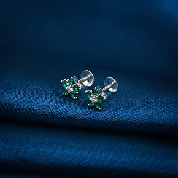 Flower Design Green Stone Silver Earrings - Aggarwal jewels