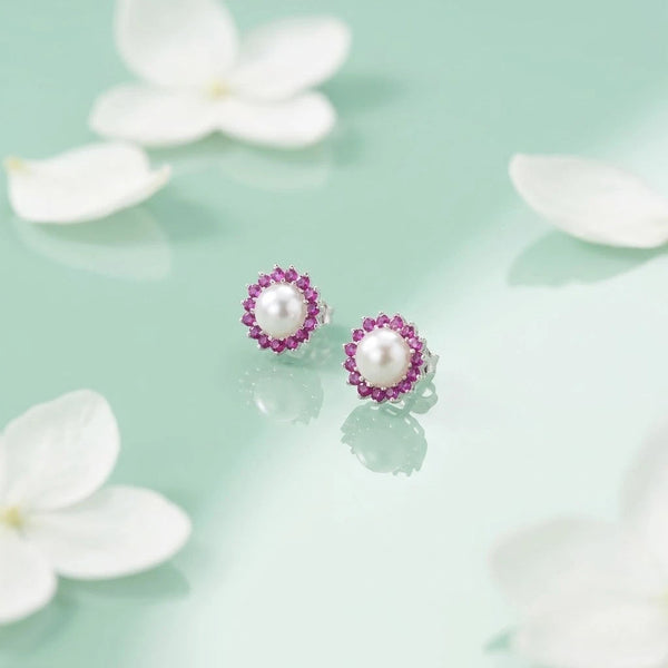 ilver Small Pink Stone on Edge Flower Design Earrings for Girls - Aggarwal jewels