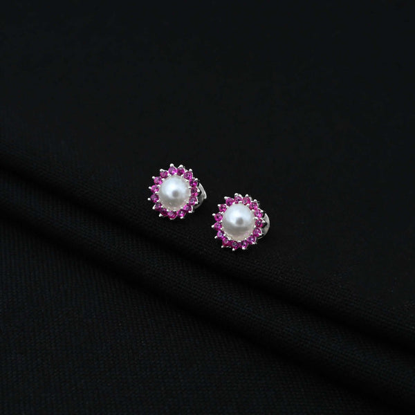 ilver Small Pink Stone on Edge Flower Design Earrings for Girls - Aggarwal jewels