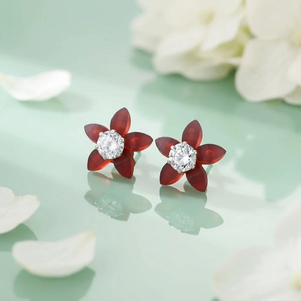 Orange Flower Silver Earrings with American Diamond Center - Aggarwal jewels