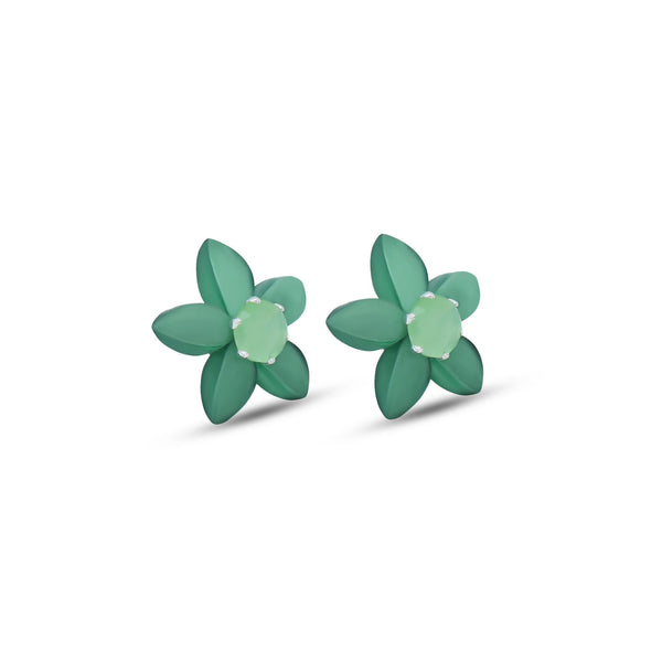Green Flower Design Stud Silver Earrings - Aggarwal jewels
