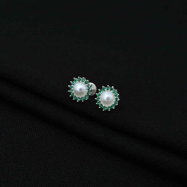 Silver Small Green Stone on Edge Flower Design Earrings for Girls - Aggarwal jewels