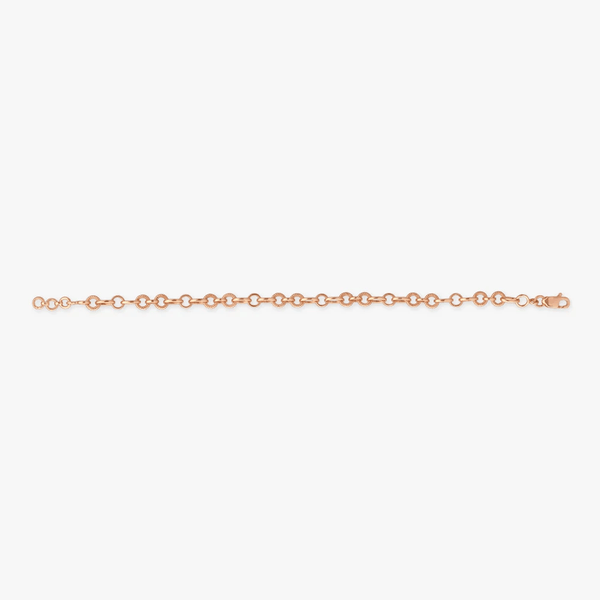 Rose gold link bracelet with evenly spaced round chain links, straight view