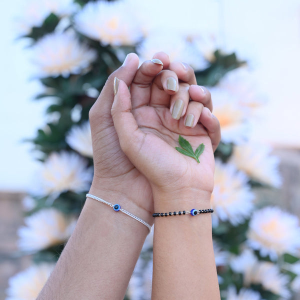 Couple Evil Eye Bracelets Silver Chain & Black Beads - Aggarwal jewels