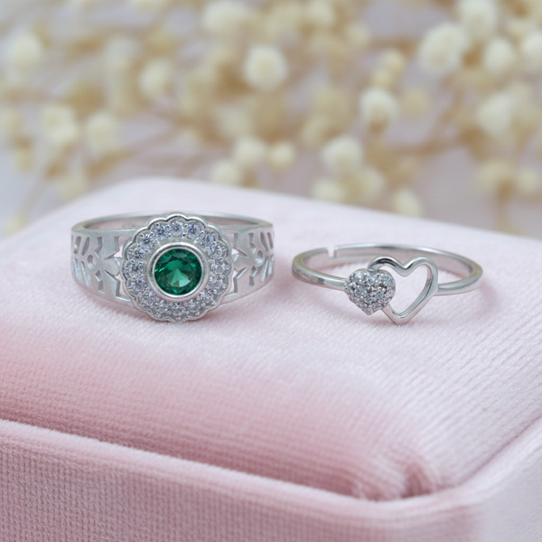 His & Her Silver Couple Rings Green Solitaire Men’s Band & Heart CZ Ring - Aggarwal jewels