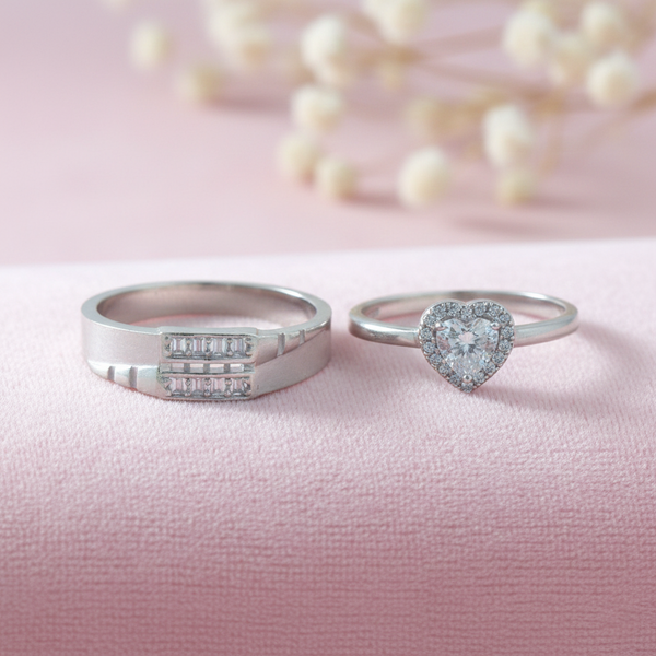 His & Her Silver Couple Ring Combo Heart CZ Ring & Geometric Band - Aggarwal jewels