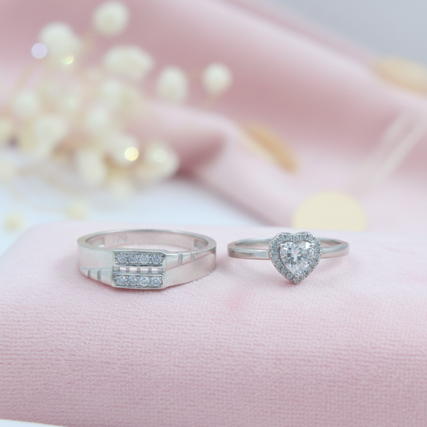 His & Her Silver Couple Ring Combo Heart CZ Ring & Geometric Band - Aggarwal jewels
