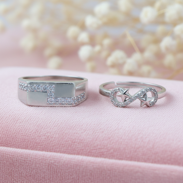His & Her Silver Couple Rings Infinity Star & Geometric Design - Aggarwal jewels
