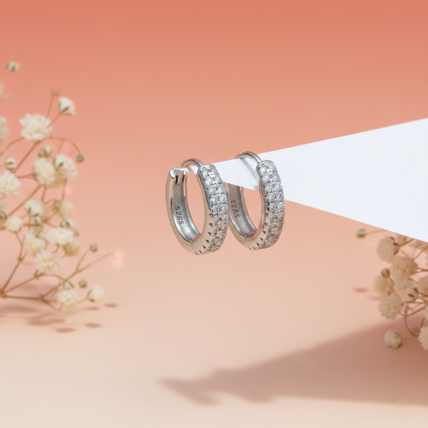 Silver Double-Row CZ Hoop Earrings - Aggarwal jewels