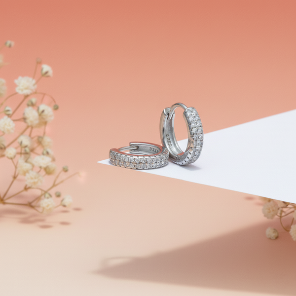 Silver Double-Row CZ Hoop Earrings - Aggarwal jewels