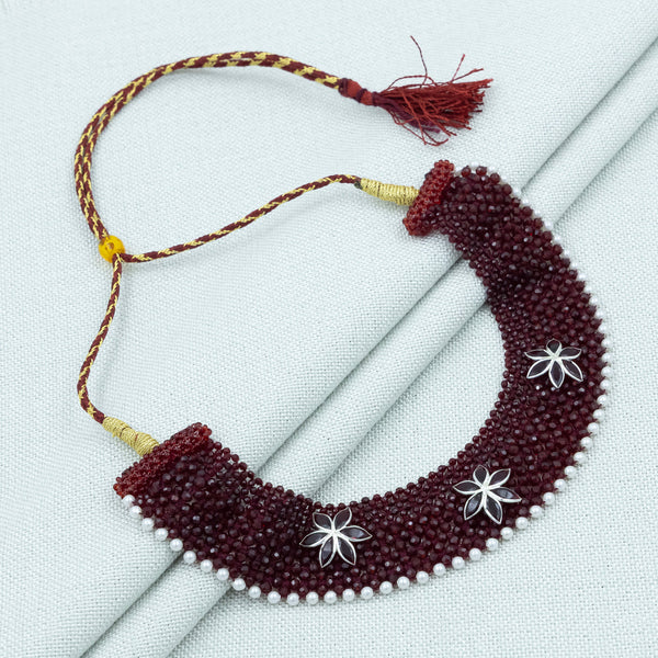 Maroon Chatai Necklace with Three Silver Flower Charms & Pearl Border - Aggarwal jewels