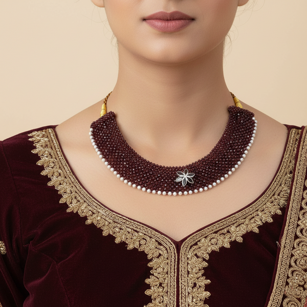 Maroon Chatai Necklace with Silver Flower Pendant & Pearl Border - Aggarwal jewels