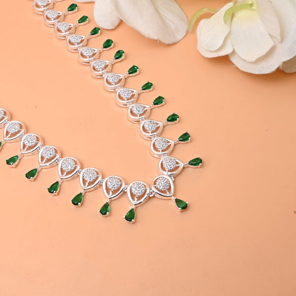 Sterling Silver Necklace Set with Earrings & Green Stone Detailing - Aggarwal jewels